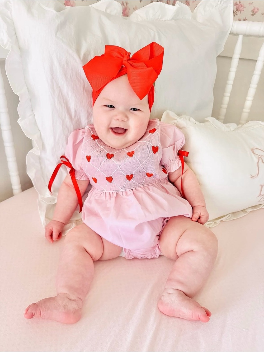 Smocked heart baby bow bubble (9 months)